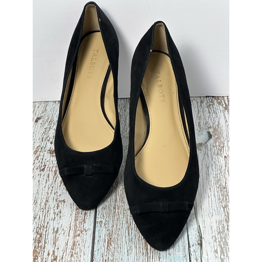 Talbots Edison Cap Toe Flats 9.5 M Black Suede Leather Bow Pointed Toe Shoes